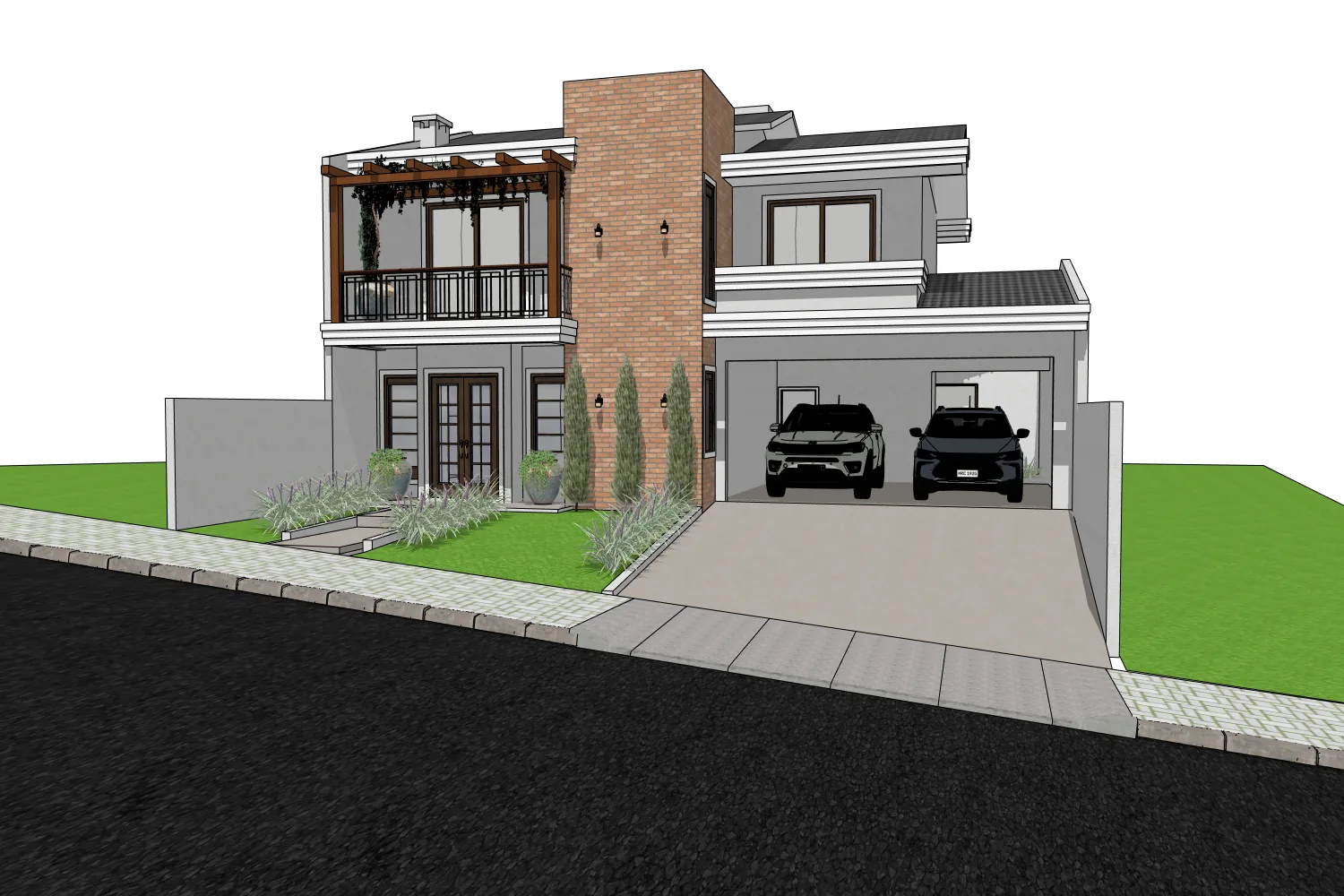 Mesma casa de dois andares na viewport do SketchUp