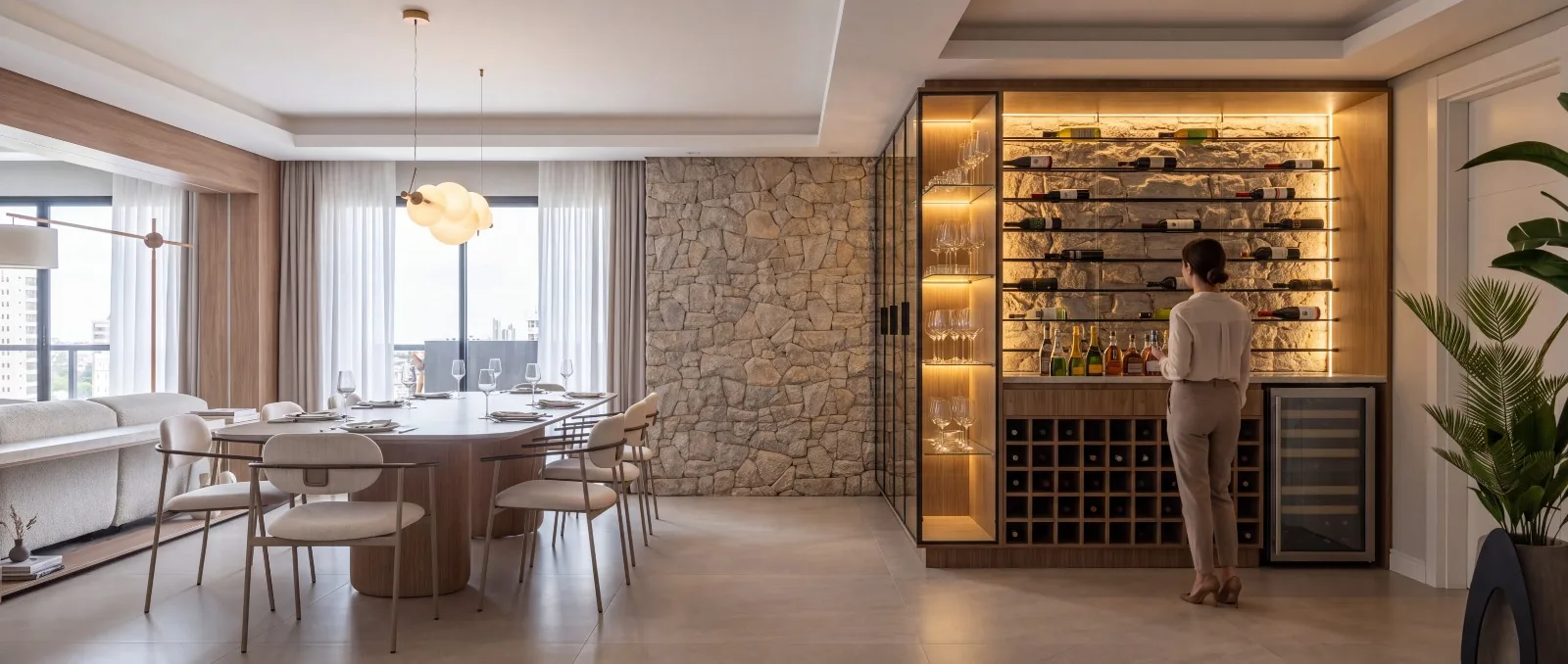A mesma sala de jantar renderizada pelo Lumo, com luz, textura e profundidade