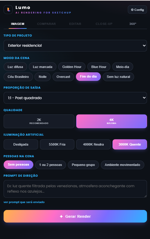 Painel do plugin Lumo no SketchUp